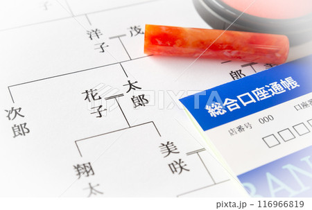 家系図と預金通帳とハンコ　財産　名義預金　贈与　相続 116966819