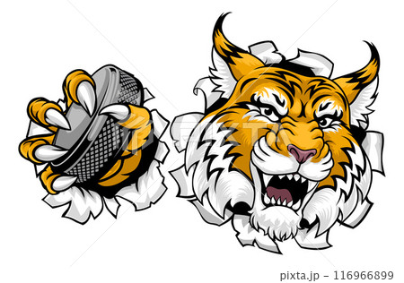 Wildcat Bobcat Ice Hockey Team Cartoon Mascot 116966899