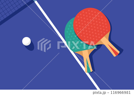 Ping-Pong poster, two rackets and ball for ping pong on table, table tennis competition, view from above, vector 116966981
