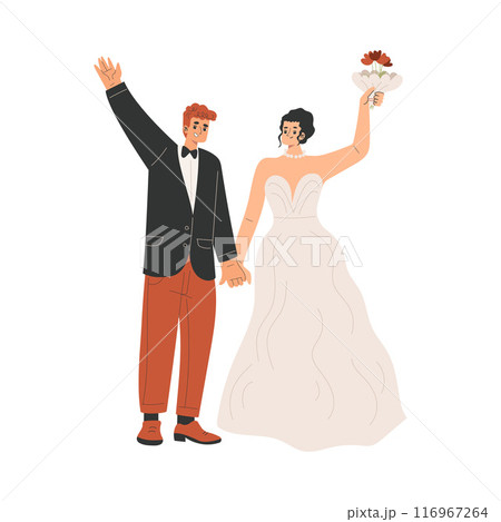 Marriage Couple with Man and Woman Bride and Groom Character Holding Hands Vector Illustration 116967264