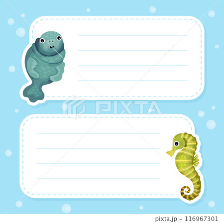 Cute Sea and Marine Seal and Seahorse Animal Swim in Ocean Note Card Vector Template 116967301