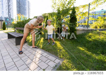 Mother Engaging With Her Two Sons While Playing Together at a Vibrant Playground on a Sunny Mother Engaging With Her Two Sons While Playing Together at a Vibrant Playground on a Sunny 116967833