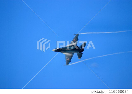 首都防空の要『百里基地』の上空を高機動飛行するF-2ジェット戦闘機 首都防空の要『百里基地』の上空を高機動飛行するF-2ジェット戦闘機 116968084