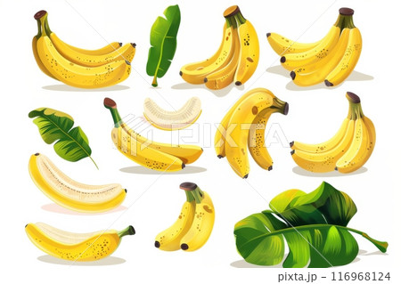 Illustration set of vibrant yellow bananas with green leaves in various arrangements. Generative AI 116968124