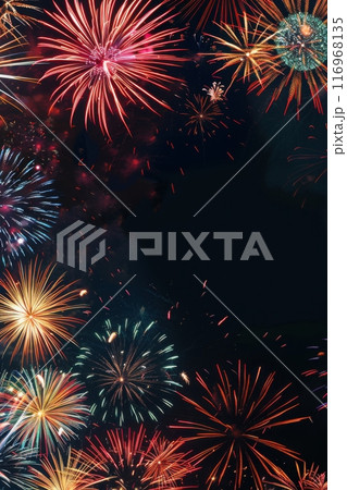 Colorful vibrant fireworks illuminating night sky in holiday celebration, copy space. Generative AI 116968135