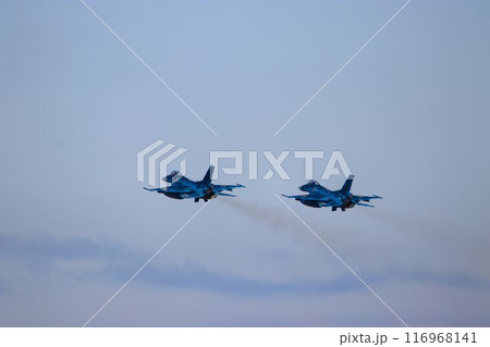首都防空の要『百里基地』の上空を高機動飛行するF-2ジェット戦闘機 116968141