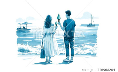 海辺でアイスクリームを持って並んでいるカップルのイラスト 116968204