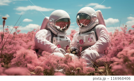 Two Astronauts Sitting in a Field of Pink Flowers 116968406