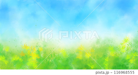夏の青空と緑や花をイメージした抽象的な水彩背景イラストレーション 夏の青空と緑や花をイメージした抽象的な水彩背景イラストレーション 116968555