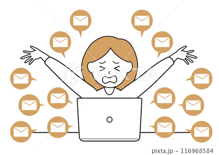 大量のメールに困惑してお手上げ状態の女性イラスト素材 116968584