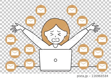 圖解素材:一位女士因大量電子郵件而感到困惑並舉起雙手。 圖解素材:一位女士因大量電子郵件而感到困惑並舉起雙手。 116968584