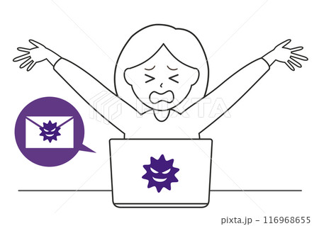 ノートパソコンでウイルスメールを受信し悩み困る女性のシンプルな線画イラスト 116968655