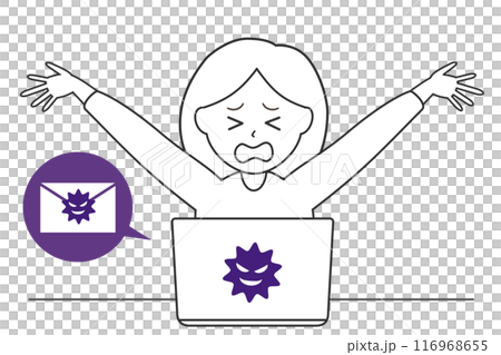 A simple line drawing of a woman worried and troubled by receiving a virus email on her laptop 116968655