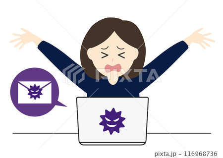 ノートパソコンでウイルスメールを受信し悩み困る女性のイラスト 116968736
