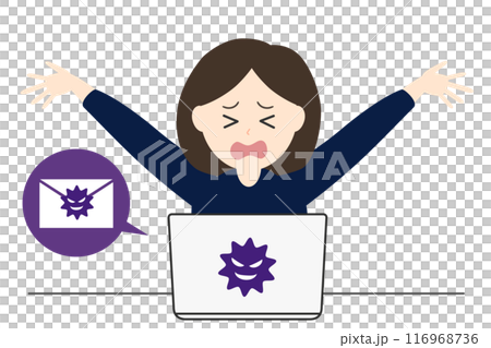 ノートパソコンでウイルスメールを受信し悩み困る女性のイラスト 116968736