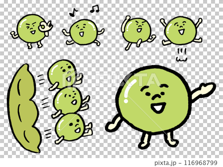 つるんと緑色に光る丸くかわいい豆のキャラ素材 116968799