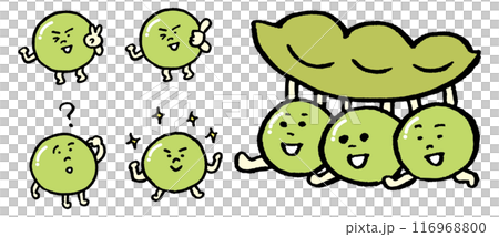 つるんと緑色に光る丸くかわいい豆のキャラ素材 116968800