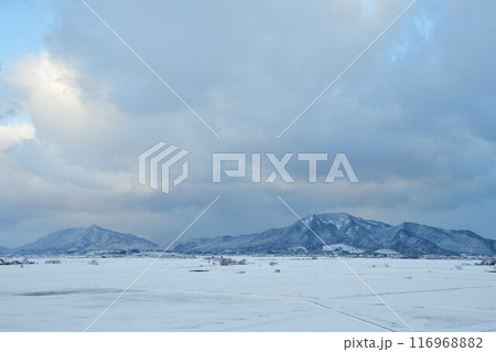 雪の弥彦山と角田山（新潟県） 116968882
