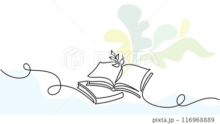 Opened book with branch of leaves corner frame. Continuous one line drawing 116968889