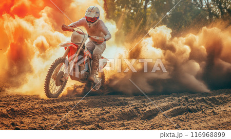 Motocross Racer Performing Stunts During Daylight at a Dusty Track Surrounded by Trees Motocross Racer Performing Stunts During Daylight at a Dusty Track Surrounded by Trees 116968899