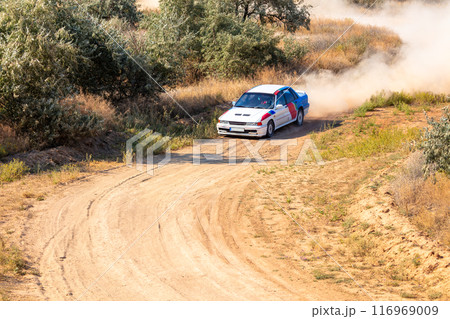 White Rally Car on Dirt Track 116969009