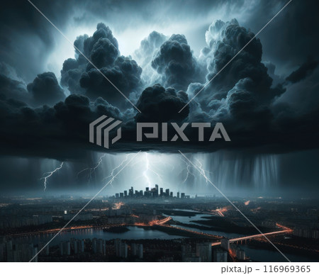 Lightning and Rain over the Night City. AI Generated 116969365