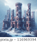 Ruins of an Abandoned Castle and Snowfall. AI Generated 116969394