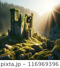 Sunset in a Rocky Forest and an Abandoned Castle. AI Generated 116969396