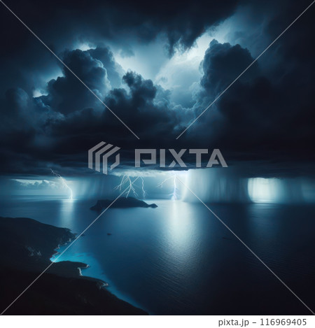 Night Sea and Rain and Lightnings. AI Generated 116969405