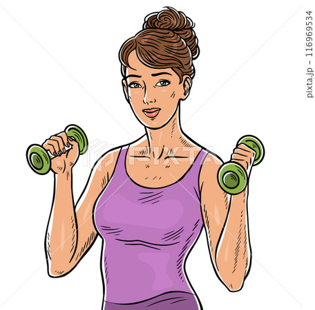 Young beautiful woman with dumbbells 116969534