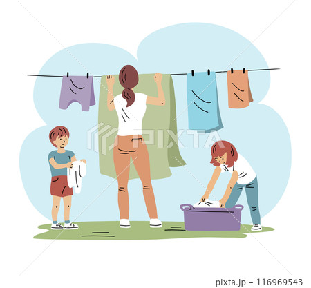 Mother, son and daughter hanging out laundry 116969543