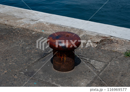 港の岸壁に立つ係船柱 116969577