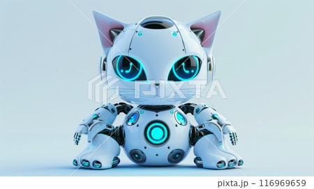 White Robot Cat With Glowing Blue Eyes, Futuristic and Interactive Pet Companion 116969659