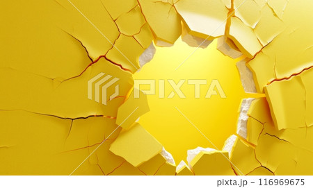 Illustration of a cracked yellow wall with a circular hole in it 116969675