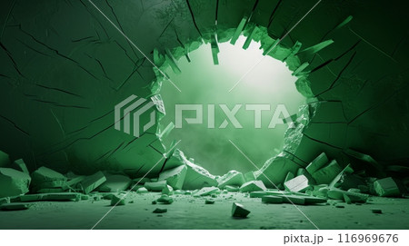 Illustration of a cracked green wall with a light hole in it 116969676