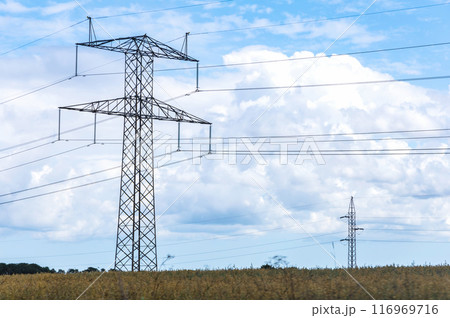 Electricity concept. High voltage power line pylons, electrical tower on a green field with blue sky. Electricity concept. High voltage power line pylons, electrical tower on a green field with blue sky. 116969716
