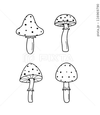 A set of poisonous fly agaric mushrooms. Vector illustration of the doodle style icon. 116969790
