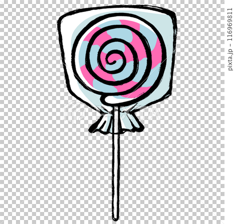 A brush-drawn illustration of a lollipop in a bag A brush-drawn illustration of a lollipop in a bag 116969811