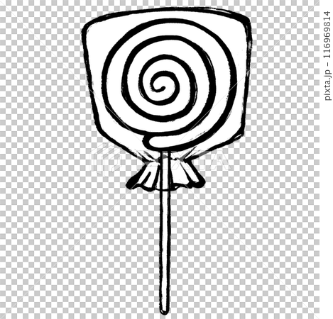 Monochrome line drawing of a lollipop in a brush-touched bag 116969814