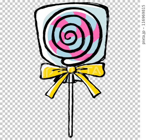 Illustration of a lollipop in a bag with a brush-drawn ribbon 116969815