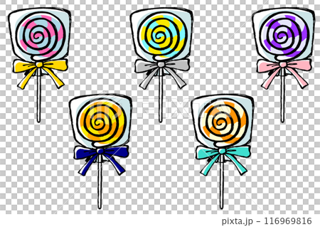 Illustration set of lollipops in a bag with a brush-touched ribbon 116969816