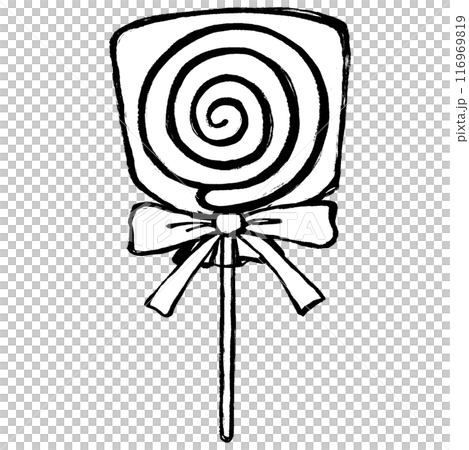Monochrome line drawing of a lollipop in a bag with a brush-touched ribbon 116969819