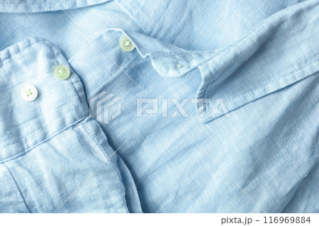 Collar and cuff detail from light blue linen shirt Collar and cuff detail from light blue linen shirt 116969884
