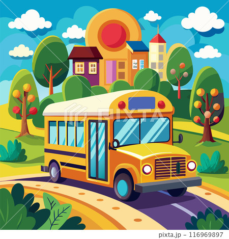 School bus for transportation of happy kids. Yellow bus, ready to drive children to school 116969897
