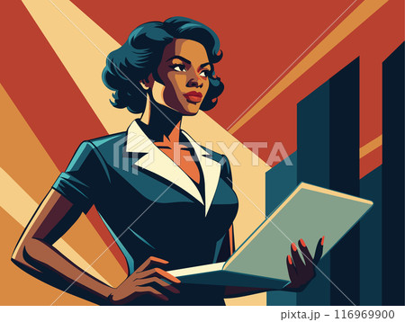 Powerful black business woman with laptop, in retro poster style. Confident african businesswoman 116969900