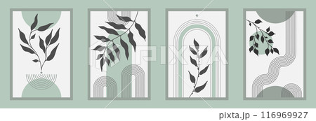 Zen arch poster set with botanical element, simple line arch shapes, and leavs. Geometric Japanese zen pattern minimal elements. Boho style strips, 116969927