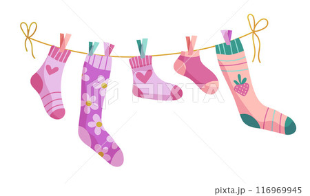 Clothesline socks. Socks on a rope, Baby socks with patterns vector cartoon. 116969945