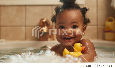 baby infant taking bath, looking upwards and playing baby infant taking bath, looking upwards and playing 116970234