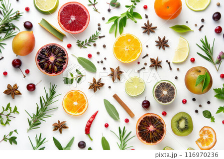 Food and drink healthy lifestyle concept: Italian herbs and spices. Rosemary, tomatoes, garlic and peppers. Top view. Isolated on white 116970236
