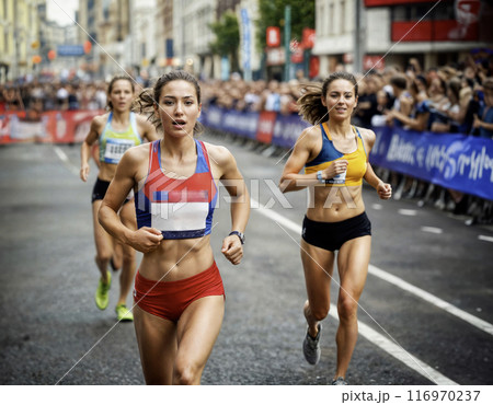 Female Runners Competing in City Marathon Race 116970237